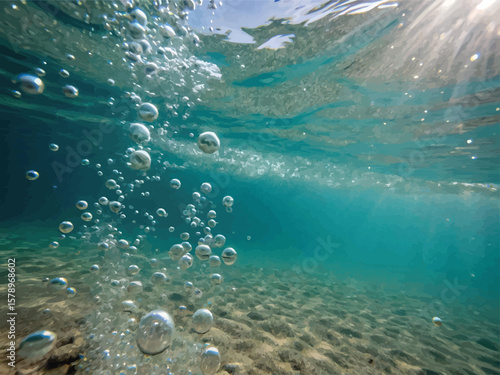 Underwater scene with bubbles rising in clear green ocean water, likely near California’s coast.
