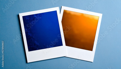 Blue and Orange Polaroid Photos on Blue Background.