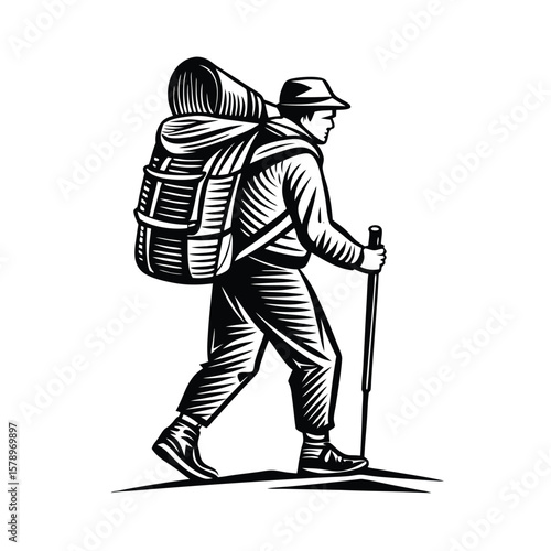 Hiker with backpack and trekking pole walking outdoor