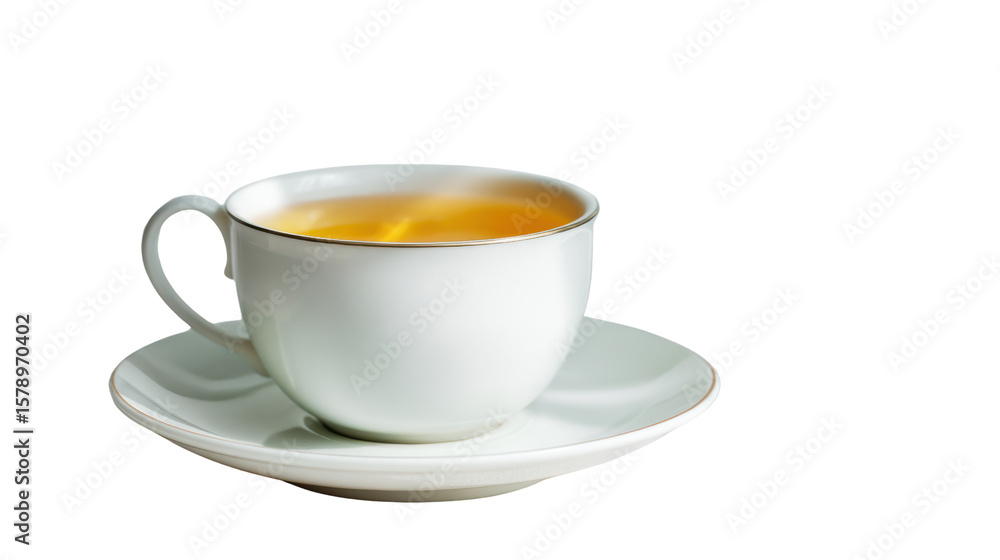 A steaming cup of tea on a white saucer against a white background. A steaming cup of tea on a white saucer against a white background.