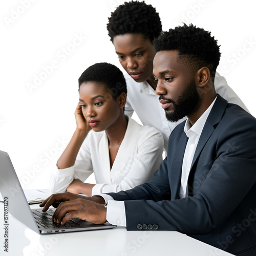 Teamwork In Office Analyzing Laptop Transparent Background Black People