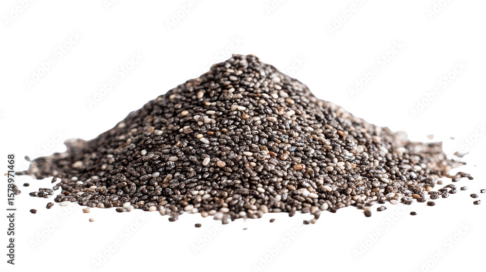 Chia seeds heap on white isolate background. Chia seeds heap on white isolate background.