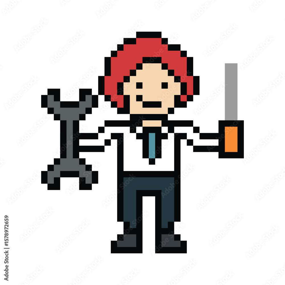 Fototapeta premium Cartoon cute pixel 8bit character engineer man fix problem improvement for decoration 8 bit male boy male engineer solve problem character game png vector.