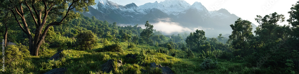Fototapeta premium Hillside Landscape with Snow-Capped Mountains