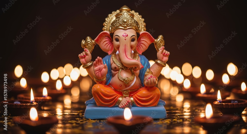 Fototapeta premium Ganesha idol surrounded by glowing diyas