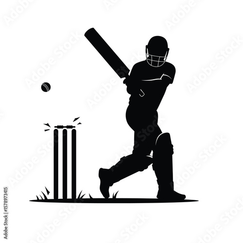 Dynamic Cricket Silhouette: A captivating silhouette captures a dynamic moment in cricket, showcasing a batter poised to strike. with the ball soaring toward the batsman's bat.
