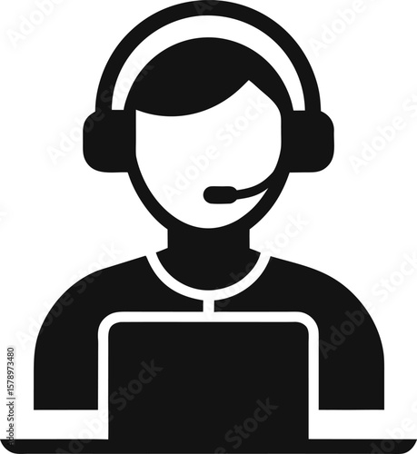 Vector illustration of a person with headphones and laptop, ideal for music, technology, communication, or customer service designs
