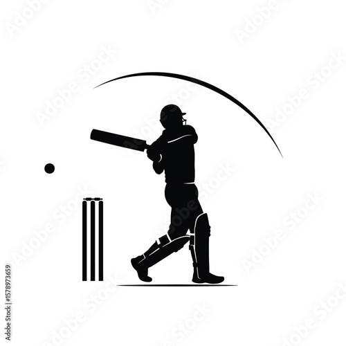 Cricket silhouette: A dynamic silhouette captures the essence of cricket, showcasing a batsman in mid-swing, poised to strike the ball with skillful precision, alongside the wicket.