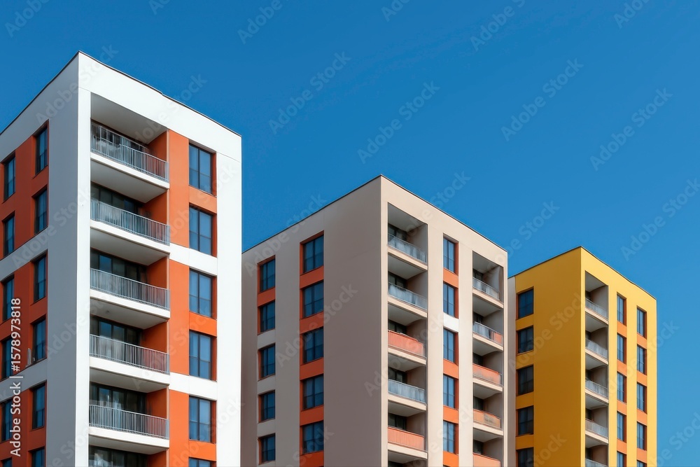 Fototapeta premium Three colorful apartment buildings against a clear blue sky backdrop on transparent background silhouette