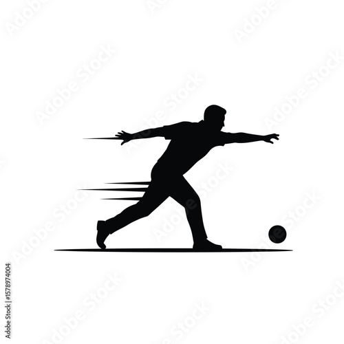 Dynamic Bowling Silhouette: A striking black silhouette of a bowler in action, captured mid-throw with a focused expression and dynamic motion lines.
