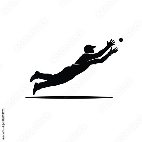 Athletic Dive: Silhouette of a cricket player diving, striving to catch the ball with outstretched arms in a dynamic display of athleticism.