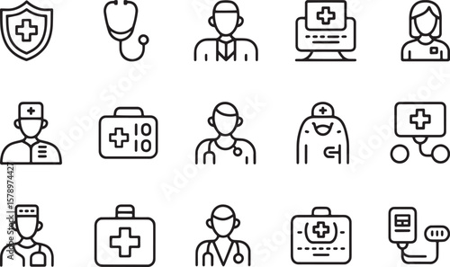 Medical Healthcare Icons Set: Doctors, Nurses, Stethoscope, Shield, First Aid Kit & Hospital Symbols. Health, Pharmacy & Clinic Line Art Vectors for Design.

