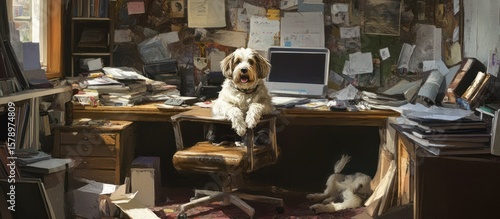 Cluttered home office with dog