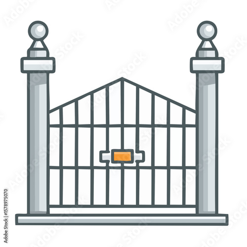 Isolated Vector Cartoon Illustration of Closed White Gate with Pillars and Orange Sign