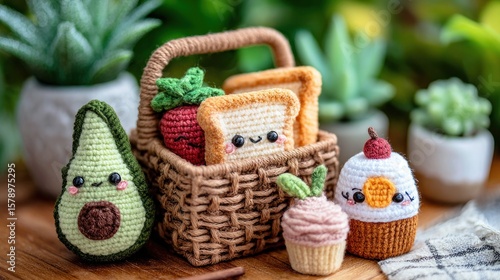 Crochet food items in basket