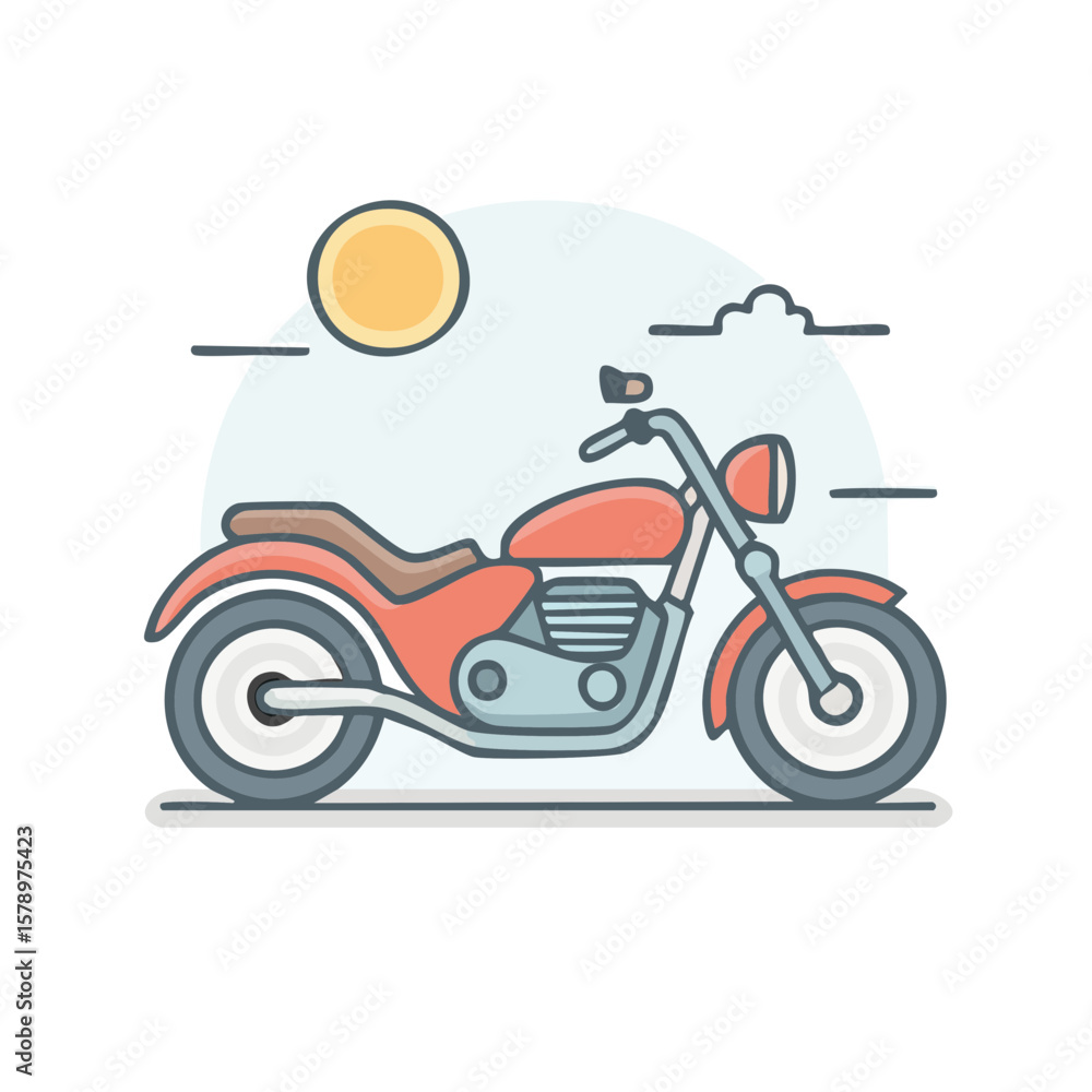 Obraz premium Stylized red motorcycle illustration with a sun, clouds, and modern retro aesthetic.