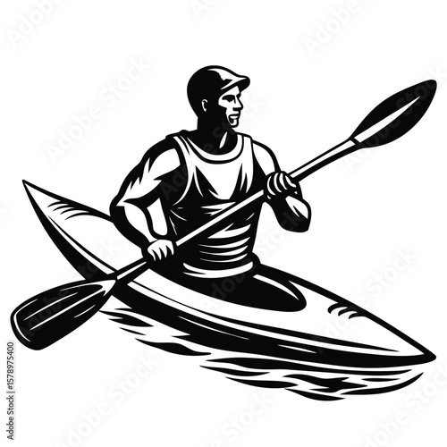 Man paddling kayak black and white silhouette kayaking