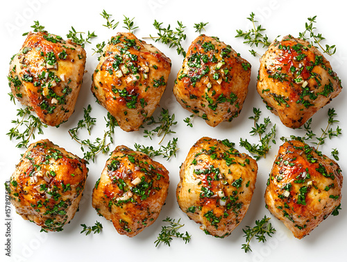 Golden roasted chicken thighs generously seasoned with fresh garlic, parsley, and thyme on a white surface.