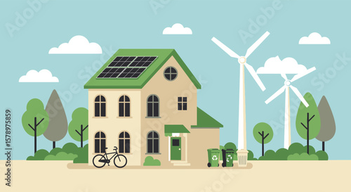 A house with solar panels and a wind turbine represents renewable energy and sustainable living