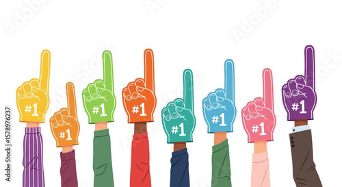 Diverse Group Celebrating Victory with Colorful Number One Foam Fingers, symbolizing teamwork and success