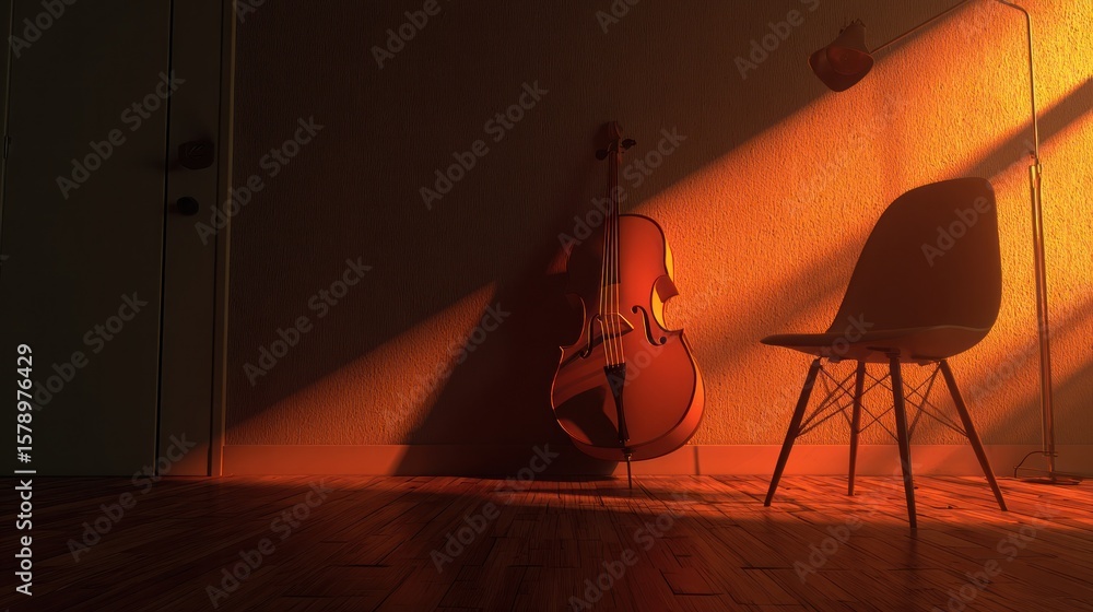Fototapeta premium Sunlit room with cello and chair