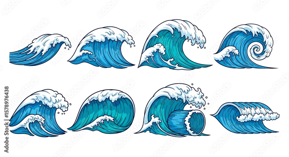 Fototapeta premium Collection of dynamic ocean waves for backgrounds and designs Illustration of stylized blue water waves in various forms