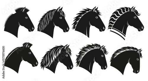 Horse Mane Variations A Vector Illustration Set Showcasing Diverse Styles and Silhouettes of Horse Heads for Creative Animal Designs