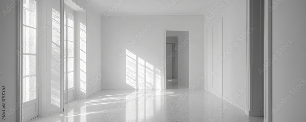 Obraz premium Interior of a white apartment, showcasing a clean and minimalist design aesthetic, Generative AI
