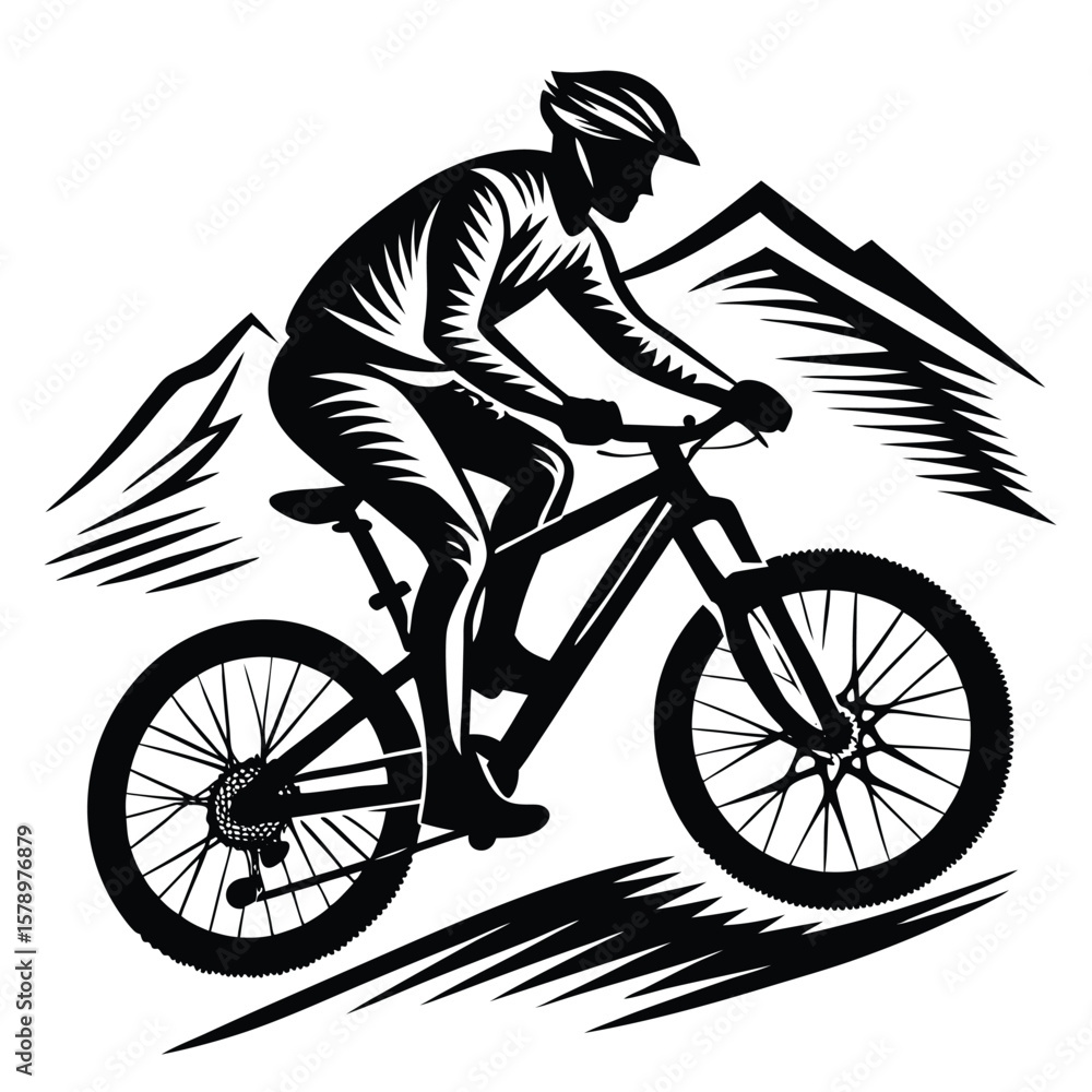 Naklejka premium Mountain biker riding downhill with peaks mountain biking