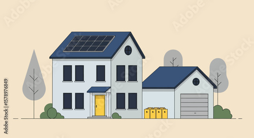 A modern house with solar panels on the roof showcases sustainable energy and ecofriendly living
