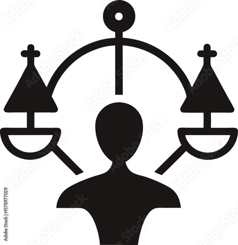 Symbol of Judgement: A stylized graphic depicts the concept of justice, fairness, and decision-making, with scales of justice balancing above a human silhouette