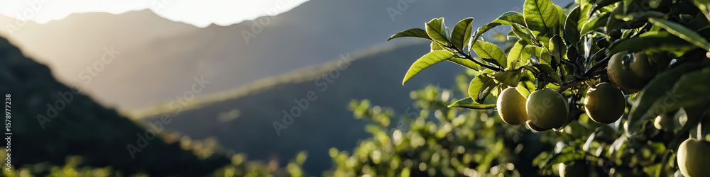 Fototapeta premium Unripe Citrus Fruits on Branch with Mountain Background