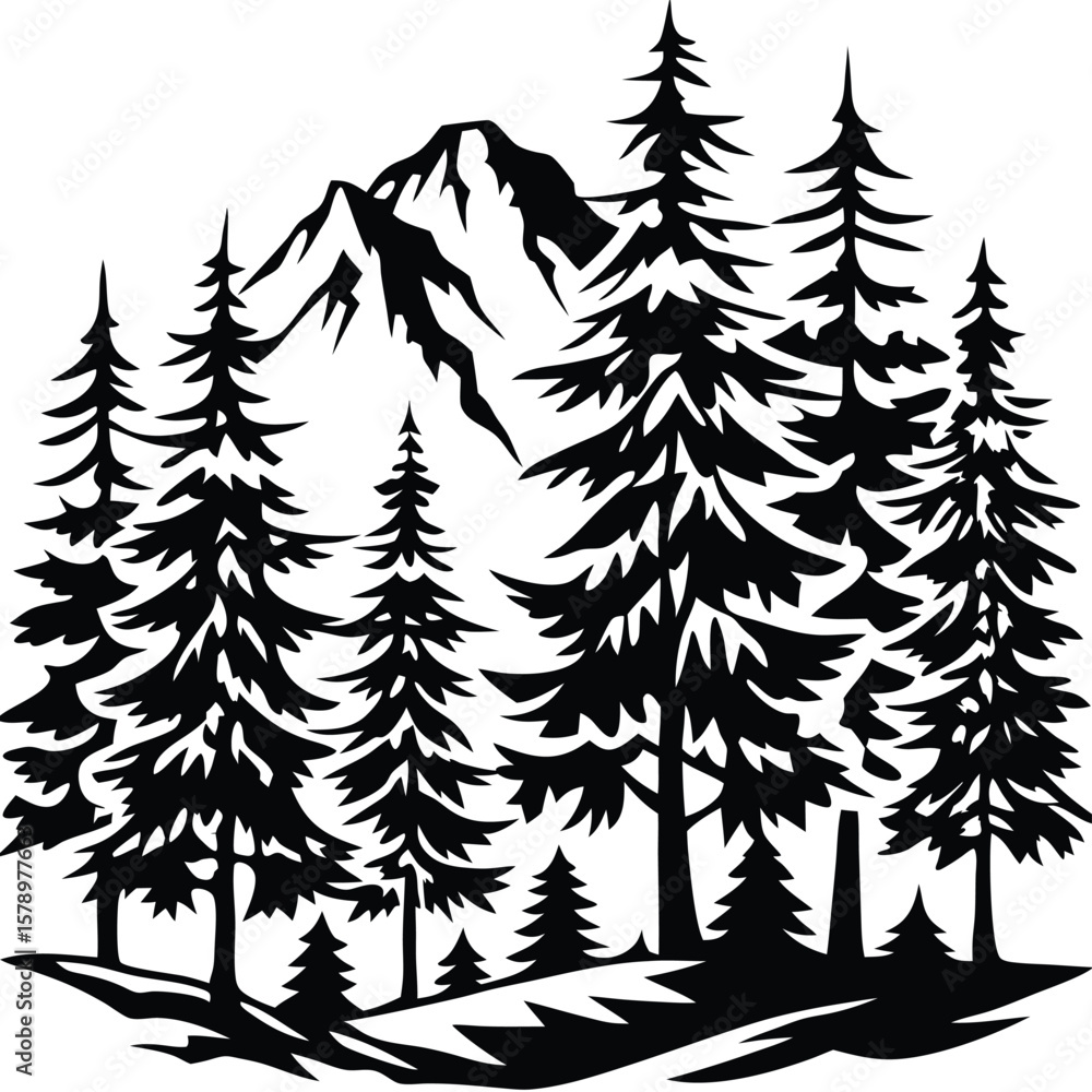 Obraz premium Mountainous forest silhouette black and white trees