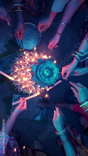 Vertical shot of hands of anonymous womans burning diya during Diwali festival celebrations, creating a festive and warm atmosphere.