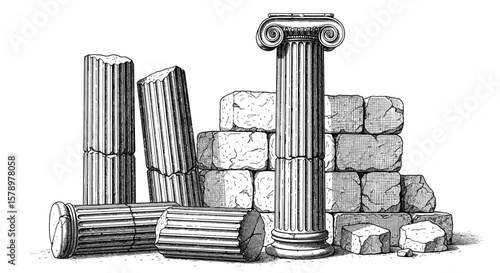 Ancient Architectural Ruins Illustration of Columns, Brickwork, and Classic Structures