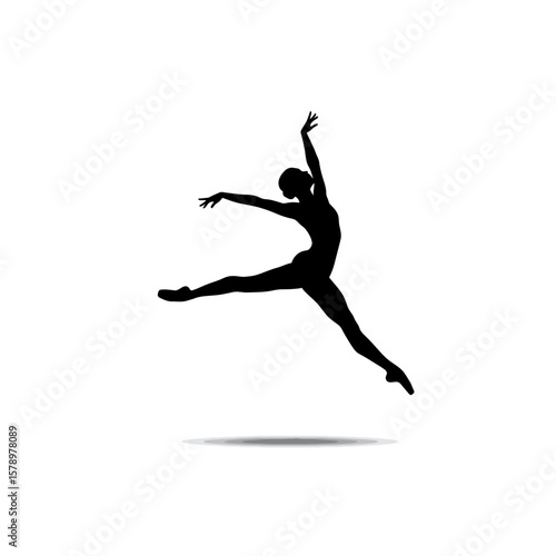 Dynamic silhouette of a ballet dancer in mid-air, performing a graceful jump, captured in elegant monochrome.