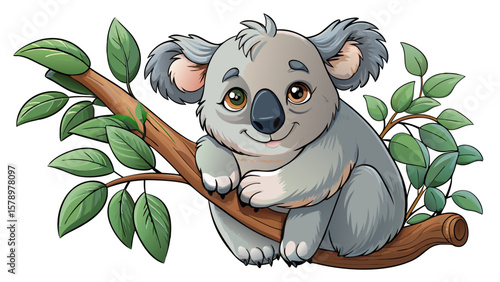 close up A sleepy koala clings lazily to a cartoon eucalyptus branch. Its small smile and droopy eyes radiate cozy stillness, celebrating gentle solitude in a soft, hand-drawn forest sketch. White 