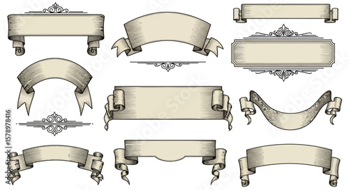 Vintage Scroll Banners Ornate Collection of Engraved Design Elements for Headers, Titles, and Decorations