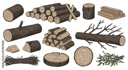 Assortment of Wood Logs and Firewood Illustration, Representing Rustic Charm and Sustainable Energy Sources
