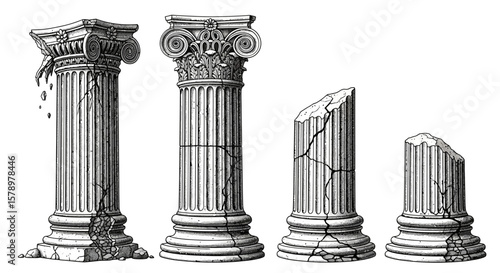 Detailed Engraving of Classical Columns Progression of Decay in Architectural Elements