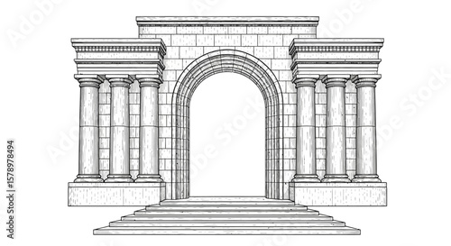 Illustration of an Ancient Archway with Columns and Stairs Classic architectural design for historical or fantasy projects.