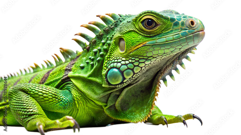 Obraz premium A detailed closeup profile of a vibrant green iguana with textured scales, isolated on a transparent background