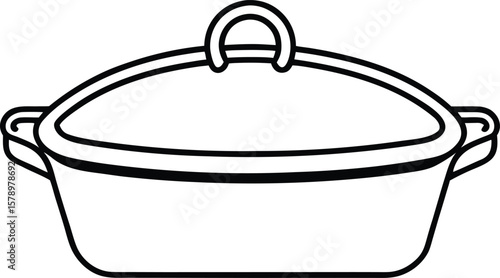 Oval casserole dish with lid line art vector illustration