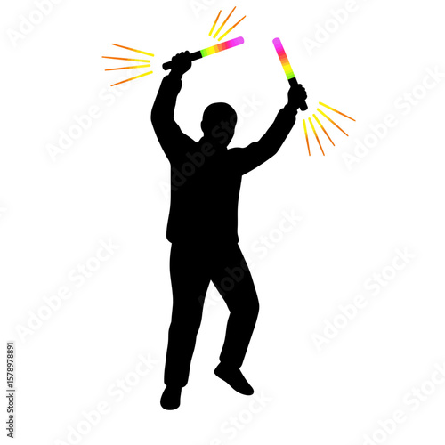 Silhouette of Celebration: A silhouetted figure joyfully brandishes glowing sticks, radiating energy and excitement. The vibrant light creates an energetic atmosphere.