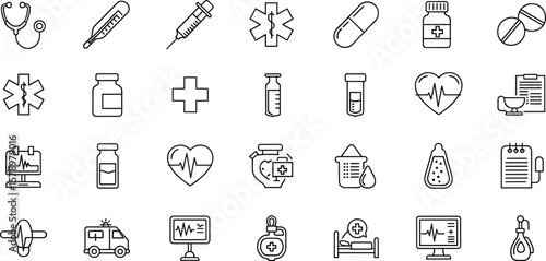 Medical dental care line icon set. Vector pictograms of braces, implants, cavities, toothbrush, hygiene, gum, mouthwash, whitening treatments, tooth crown and root, thin linear illustration