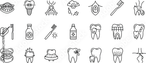 Medical dental care line icon set. Vector pictograms of braces, implants, cavities, toothbrush, hygiene, gum, mouthwash, whitening treatments, tooth crown and root, thin linear illustration