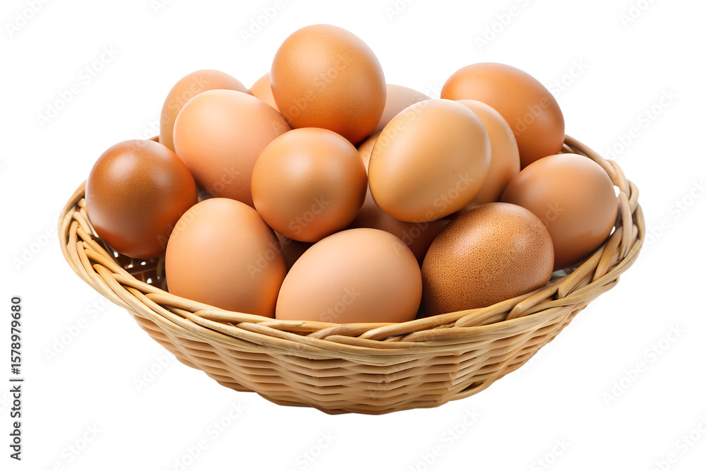 A woven basket overflows with fresh brown and white chicken eggs, presented on a clean transparent background A woven basket overflows with fresh brown and white chicken eggs, presented on a clean transparent background