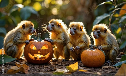 Four playful monkeys gathered around a carved pumpkin in a vibrant forest during Halloween festivities