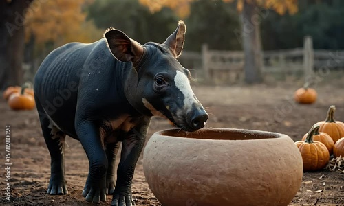 A tapir drinking from a clay pot amidst pumpkins in a serene autumn farm setting