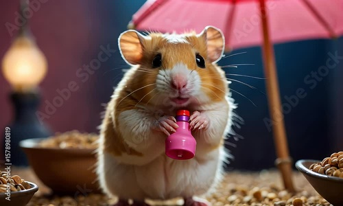 A cute hamster holding a small pink bottle under a miniature umbrella surrounded by food bowls
